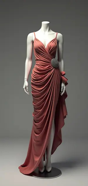 Ruched dusty rose evening gown with a dramatic side drape