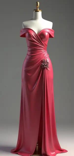 Off-shoulder pink satin gown with a ruched bodice and floral embellishment