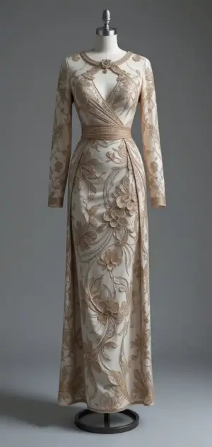 Beige embroidered gown with floral patterns and long sleeves