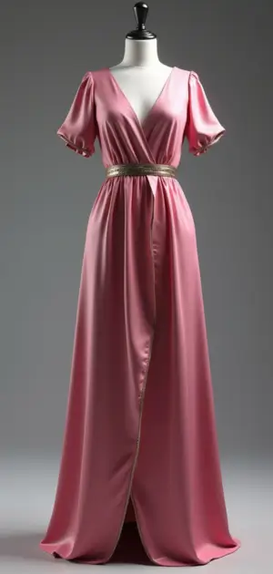 Elegant pink satin gown with a deep V-neck and puff sleeves