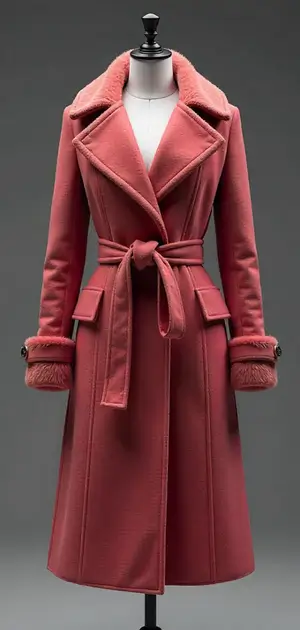 Warm coral wool coat with faux fur trim