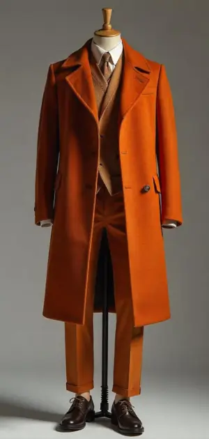 Vibrant rust orange overcoat with a matching three-piece suit