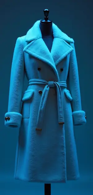 Blue wool coat with a belted waist and double-breasted buttons.