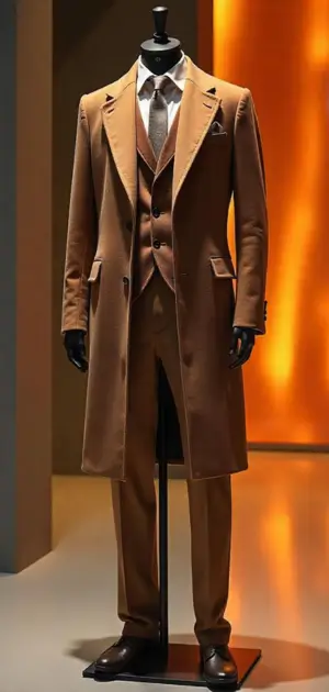 Elegant camel brown overcoat with a matching three-piece suit.