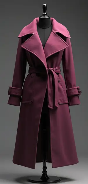 Long plum trench coat with a dramatic collar