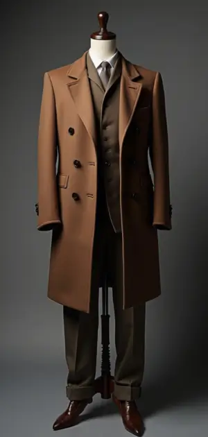 Classic double-breasted brown overcoat with a matching vest and trousers