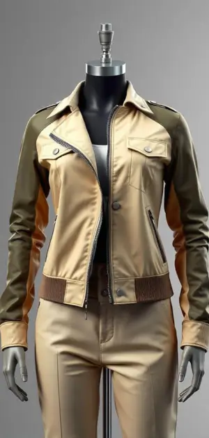 Two-tone beige and olive biker jacket with ribbed cuffs on a mannequin