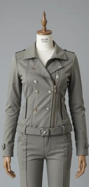 Gray belted double-breasted moto jacket with zipper details on a mannequin