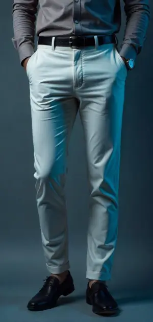 Man in light-colored chinos with a dark gray shirt and black shoes.