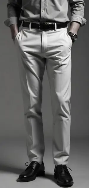 Monochrome outfit with light-colored trousers and a gray dress shirt