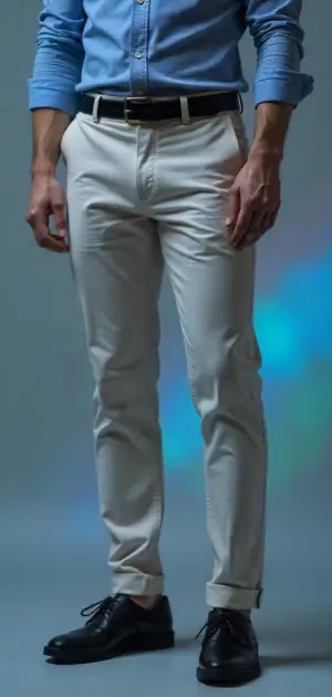 Man wearing beige chinos, a blue dress shirt, and black shoes.