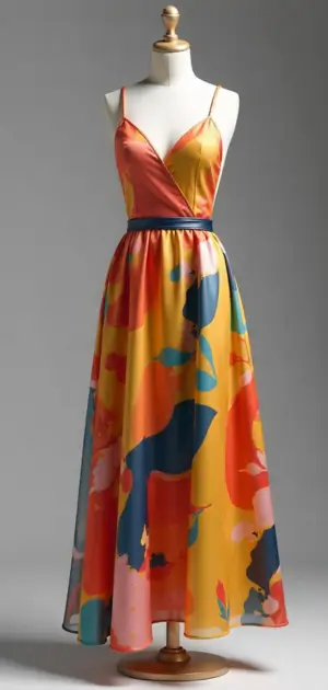 Bright multicolored floral midi dress with a fitted bodice and flowing skirt