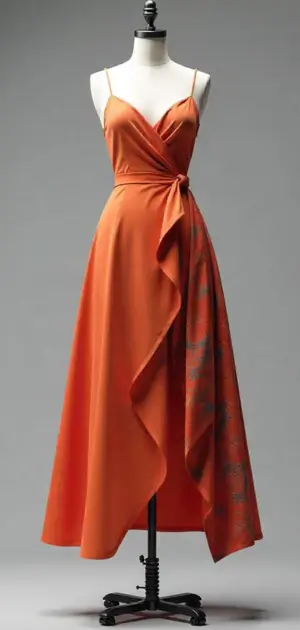 Flowing orange midi dress with spaghetti straps and a side drape.