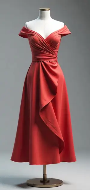 Elegant red off-the-shoulder midi dress with draped detail.
