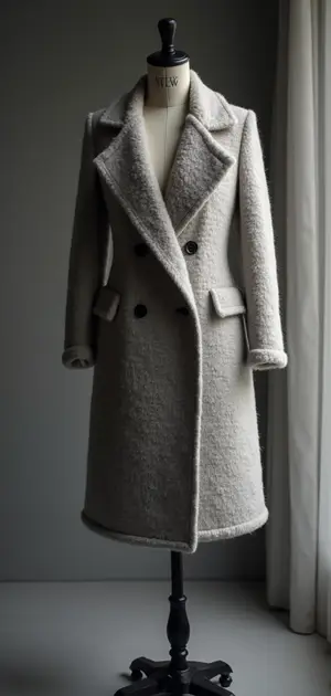 Light grey textured wool coat with double-breasted buttons
