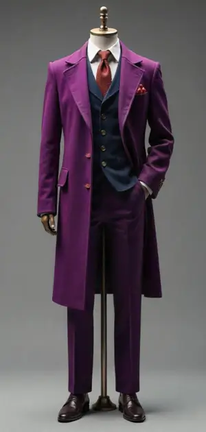 Statement purple overcoat with a navy vest and red tie.