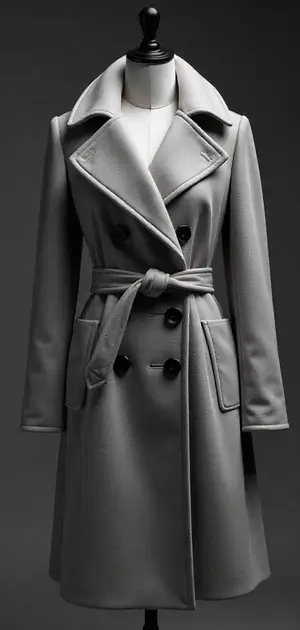 Grey double-breasted trench coat with a waist tie