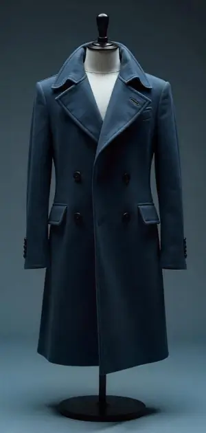 Sophisticated deep blue double-breasted overcoat with wide lapels