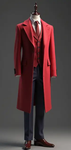 Bold red overcoat with matching vest and tie, paired with dark trousers.