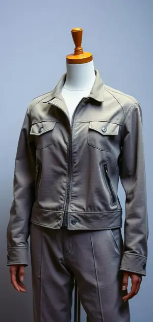 Gray zip-up jacket with chest pockets and a structured fit on a mannequin