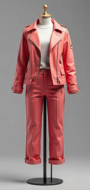 Coral pink biker jacket with matching cropped trousers on a mannequin stand.