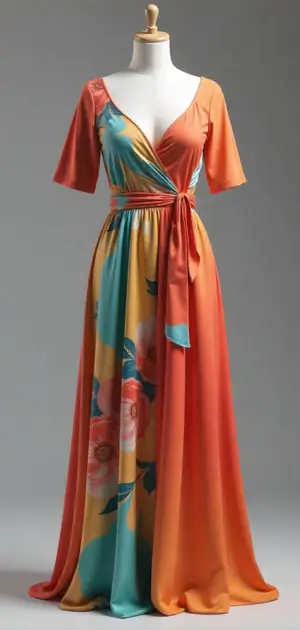 Vibrant floral wrap maxi dress with orange, blue, and yellow hues on a mannequin.