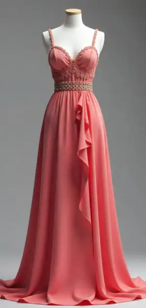 Romantic coral gown with lace detailing, a fitted bodice, and a flowing skirt on a mannequin.