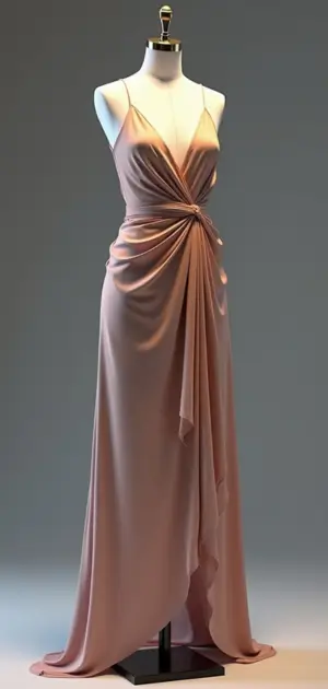 Elegant blush pink satin gown with a twisted knot detail and draped fabric on a mannequin.