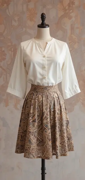 Geometric printed pleated skirt styled with a white blouse.