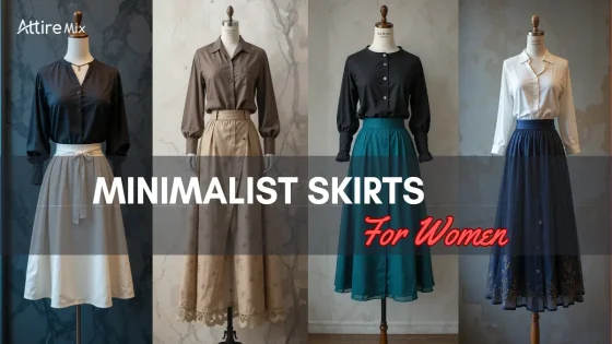 Four elegant skirt outfits in neutral and jewel tones.