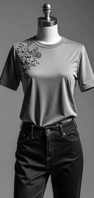 Gray T-shirt with small embroidered floral details on the shoulder