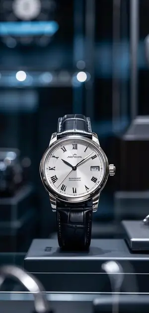 Elegant silver watch with a white dial and black leather strap on display