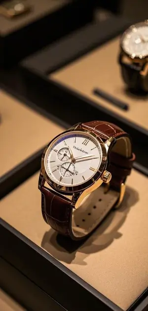 Classic gold and white watch with a brown leather strap displayed in a luxury box.