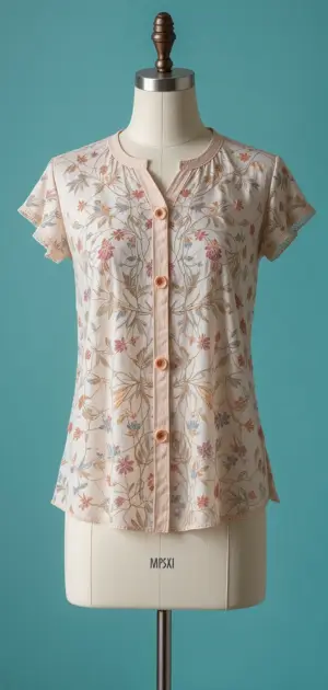 Pink floral short-sleeve button-up blouse with delicate flower patterns.
