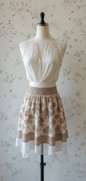 Beige floral mini skirt with a sleeveless white top for a modern party look.