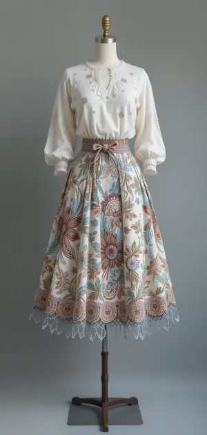 Floral flared skirt with lace hem styled with a white embroidered blouse.