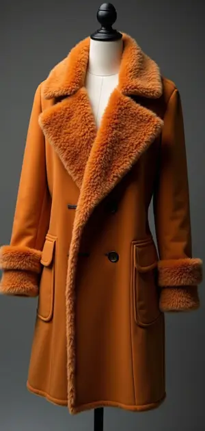 Cozy caramel shearling coat with wide lapels and cuffs.