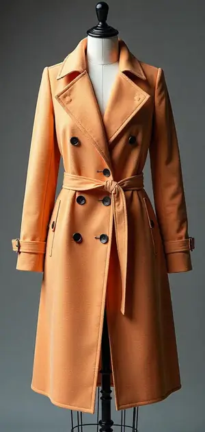 Classic beige double-breasted trench coat with belt.