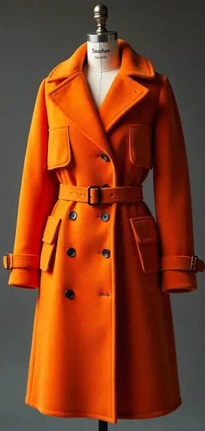 Bold orange belted trench coat with military-style pockets