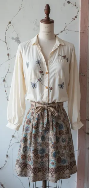 Neutral mini skirt with bow detail and an embroidered cream blouse.