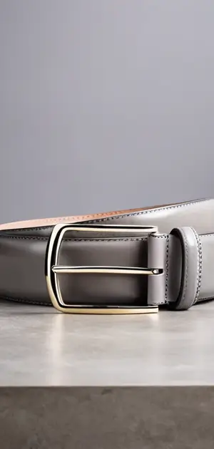 Light gray leather belt with gold buckle.