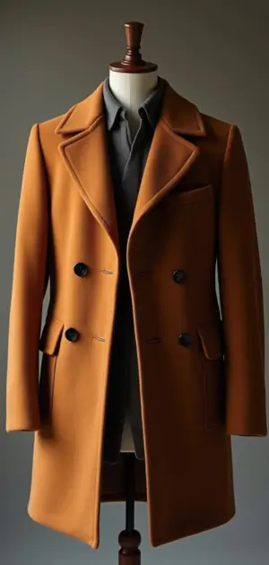 A rust-toned double-breasted coat with black buttons and a soft fit.