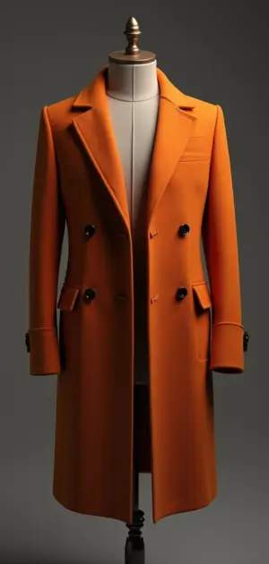 A vibrant orange double-breasted overcoat with a structured fit.