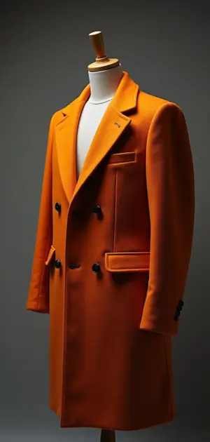 A tailored orange double-breasted coat with a structured silhouette.