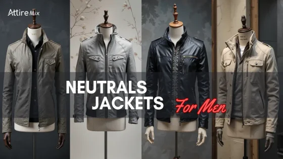 Four neutral-colored jackets in taupe, gray, black, and beige for men.