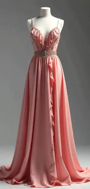Elegant blush pink satin gown with a beaded waistband, ruffled bodice, and flowing skirt.
