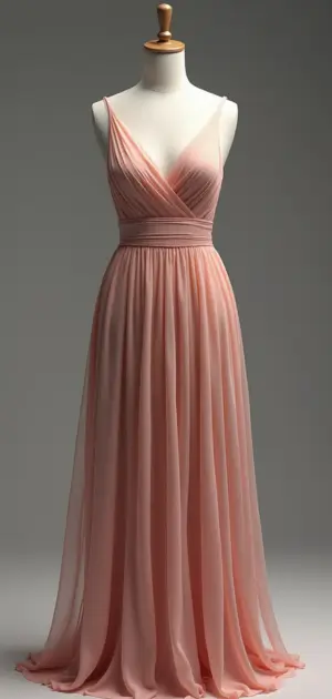 Classic blush chiffon wrap dress with a deep V-neckline and ruched bodice