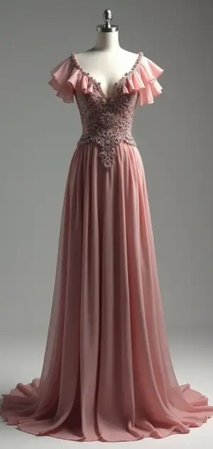 Blush pink gown with lace bodice, off-shoulder ruffles, and a flowing chiffon skirt