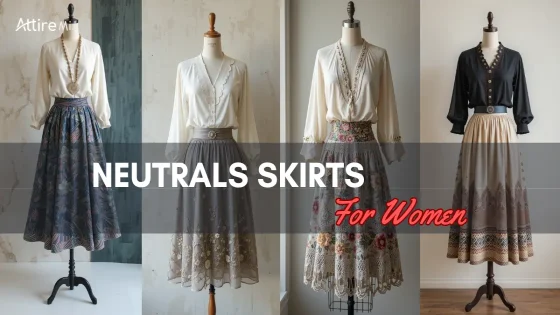 Display four neutral skirts with elegant blouses and diverse designs.