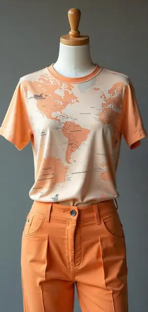 Light orange T-shirt with a world map print, styled with matching trousers